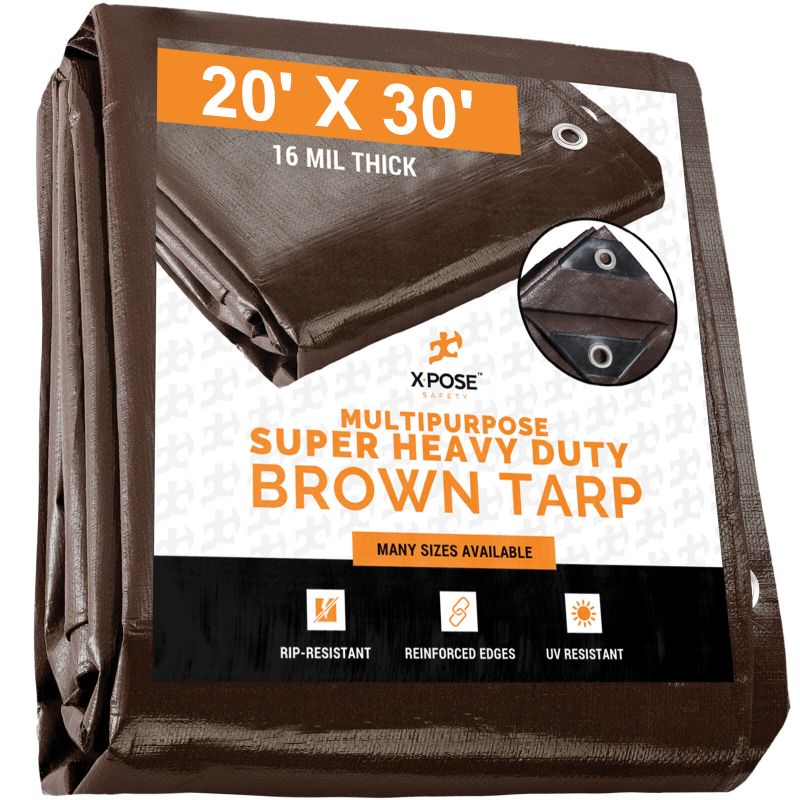 Photo 1 of 20' x 30' Super Heavy Duty 16 Mil Brown Poly Tarp Cover - Thick Waterproof