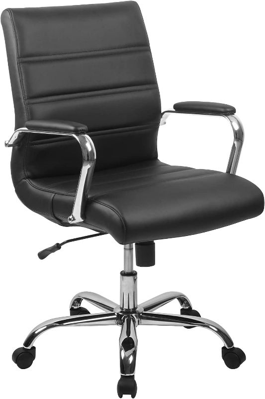 Photo 1 of Flash Furniture Whitney Mid-Back Desk Chair - Black LeatherSoft Executive Swivel Office Chair with Chrome Frame - Swivel Arm Chair