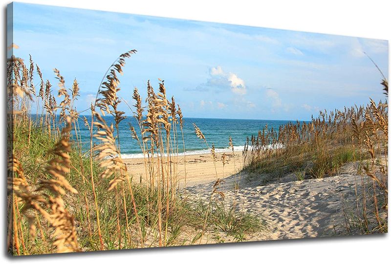 Photo 1 of Sea Canvas Wall Art Ocean Beach Canvas Pictures Botanical Nature Wilderness Photo Painting Prints Modern Contemporary Blue Artwork for Living Room Bedroom Home Decoration Framed Ready to Hang 24"x 48"
