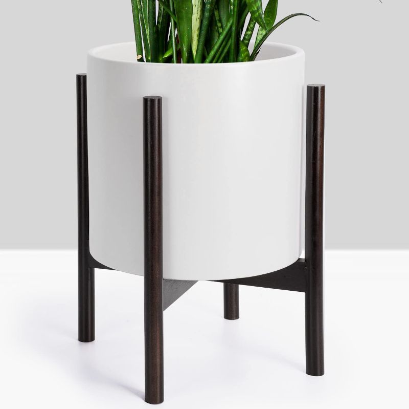 Photo 1 of 20.5" Tall Plant Pot with Stand by FineIris, 10 inch White Ceramic Pot with Drainage & Wooden Plant Stand, Planter for Indoor Plants, Large Planter with Stand for Flowers, Fiddle Leaf Fig Tree, Snake Plant & Peace Lily
