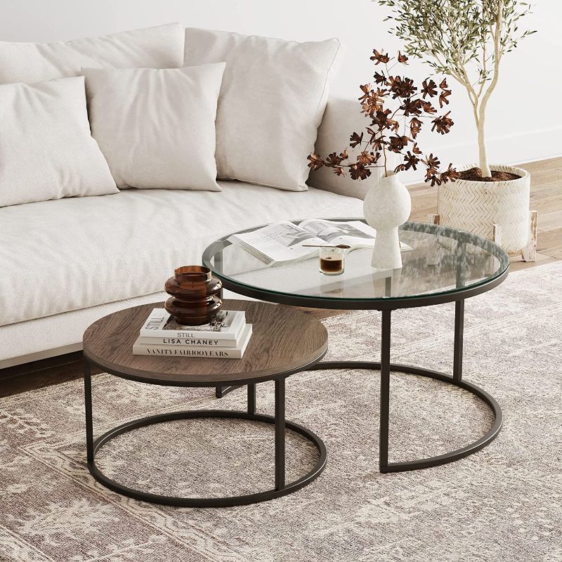 Photo 1 of ***SEE NOTES***
 Nathan James Stella Round Modern Nesting Set of 2, Stacking Living Room Accent Tables with Wood, Glass or Faux Marble and Powder Coated Metal Frame, Rustic...
Color:Rustic Oak/Black