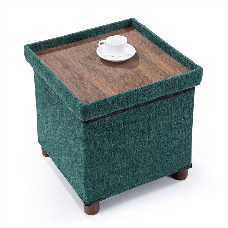 Photo 1 of 15 Inches Storage Ottoman with Wooden Legs Cube Foot Rest Stool, Square Footstool Storage, Ottoman with Storage for Living Room, Foldable Fabric Ottoman, Comfortable Seat with Lid, Space-Saving Green
