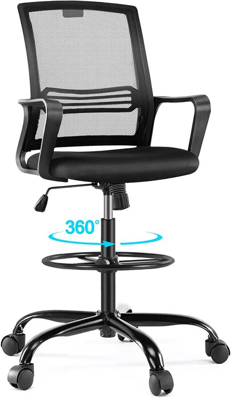 Photo 1 of Tall Drafting Chair with Adjustable Foot Ring, Ergonomic Lumbar Support and Comfortable Armrest, High Resilience Sponge, Breathable Mesh Cloth, 360 Degree Swivel Rolling for Standing Desk
