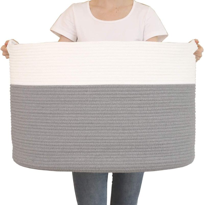 Photo 1 of 24" x 24" x 17" Max Size Large Cotton Rope Basket, Extra Large Storage Basket, Woven Laundry Hamper, Toy Storage Bin, for Blankets Clothes Toys Towels Pillows in Living Room, Baby Nursery, Grey