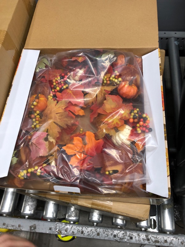 Photo 2 of 18 inch Thanksgiving Wreath-Artificial Maple Leaves with Cute Pumpkins-Romantic and Beautiful Gift
