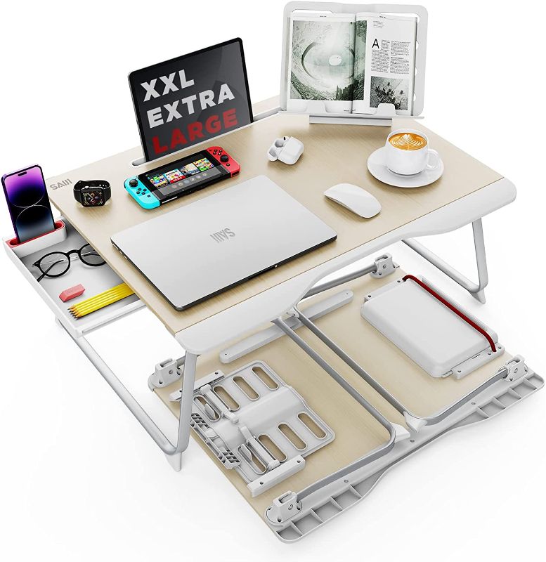 Photo 1 of SAIJI Foldable Bed Desk for Laptop, Eating Breakfast, Writing, Gaming, Extra Large 25.6" x 19.29" Standing Laptop Desk Table for Adult,Kids, Wood Bed Desk Tray Table with Hand Wrist Protection
