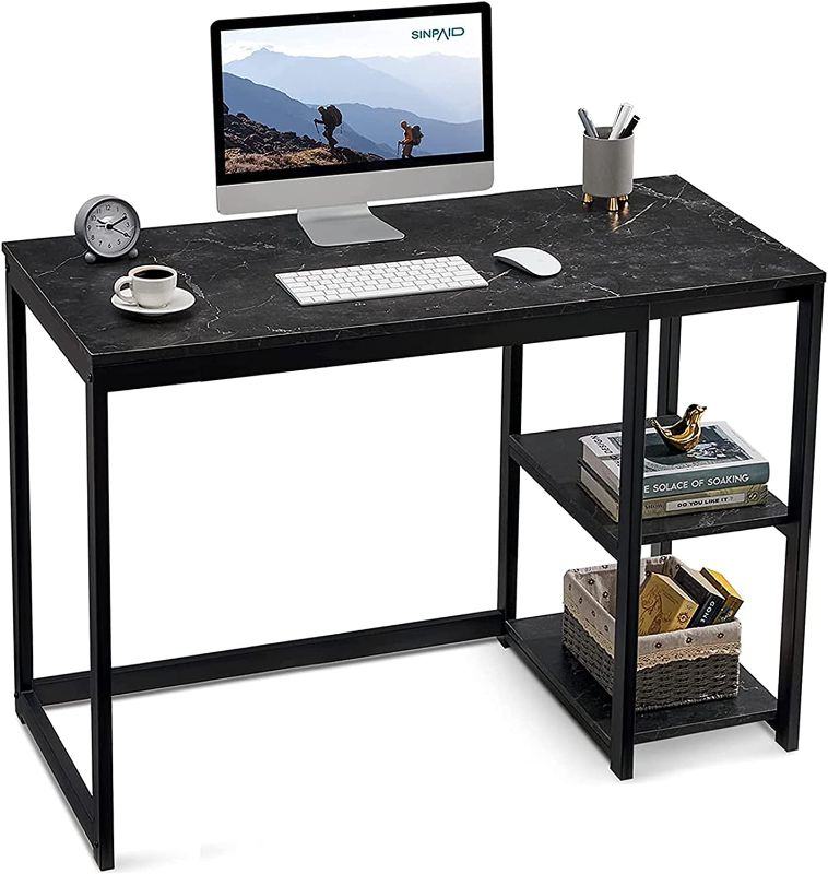 Photo 1 of SINPAID Computer Desk 47 inches with 2-Tier Shelves Sturdy Home Office Desk with Large Storage Space Modern Gaming Desk Study Writing Laptop Table, Black Marbling (Black, 47 inch)
