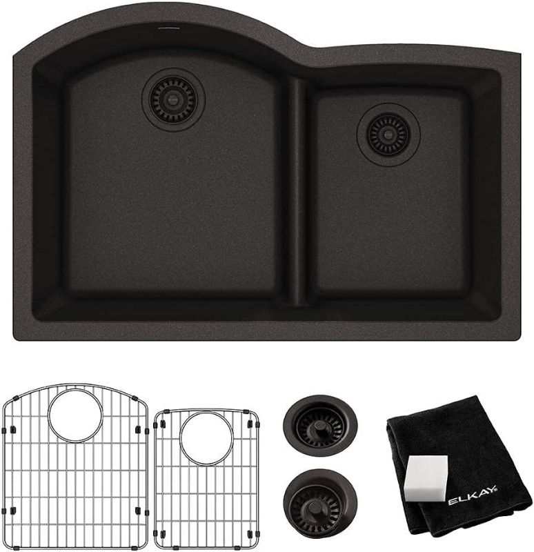 Photo 1 of **MISSING SINK*** Elkay Quartz Classic ELGHU3322RBK0C 33" x 22" x 10", Offset 60/40 Double Bowl Undermount Sink Kit with Aqua Divide, Black
