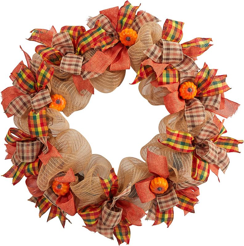 Photo 1 of 30 in. Orange Autumn Pumpkin with Decorative Bows Artificial Fall Wreath