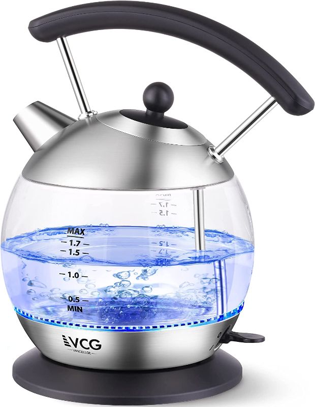 Photo 1 of Electric Glass Tea Kettle, 1.7L Water Boiler (BPA Free) with 1500W Speed-Boil Tech, Cordless Teapot, Auto Shut-Off & Boil-Dry Protection, Stainless Steel Filter & Inner Lid, LED Indicator
