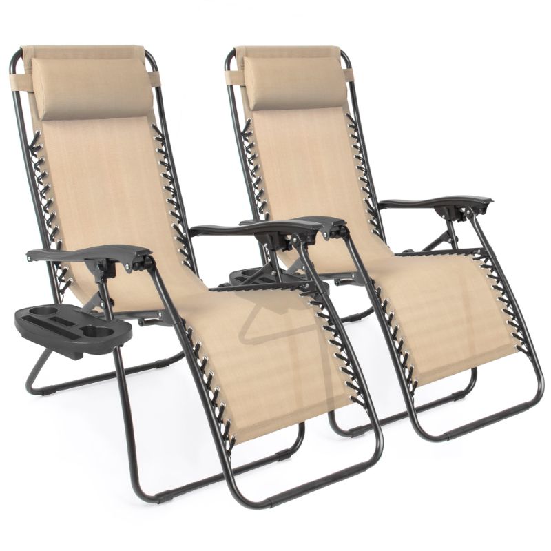 Photo 1 of 2-Set BCP Zero Gravity Chairs, Adjustable Lounge Recliners for Patio & Pool W/ Cup Holders - Sand | Best Choice Products Online
