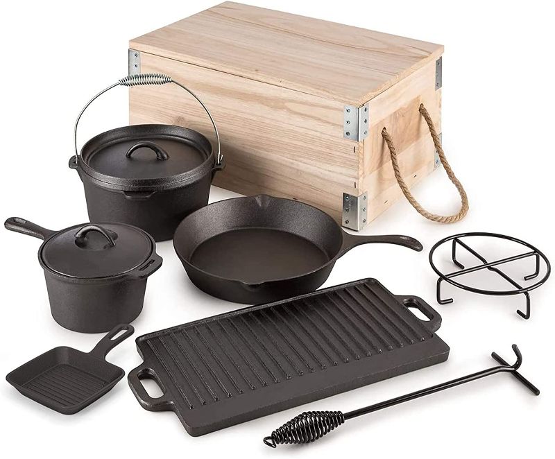 Photo 1 of 8 Piece Pre-Seasoned Dutch Oven Cooking Set Cast Iron Camping Cooking Set Kitchen Cookware Bakeware Set Skillets & Square Grill Pan w/Vintage Carrying Wood Box for Ourdoor Home Cooking BBQ Baking