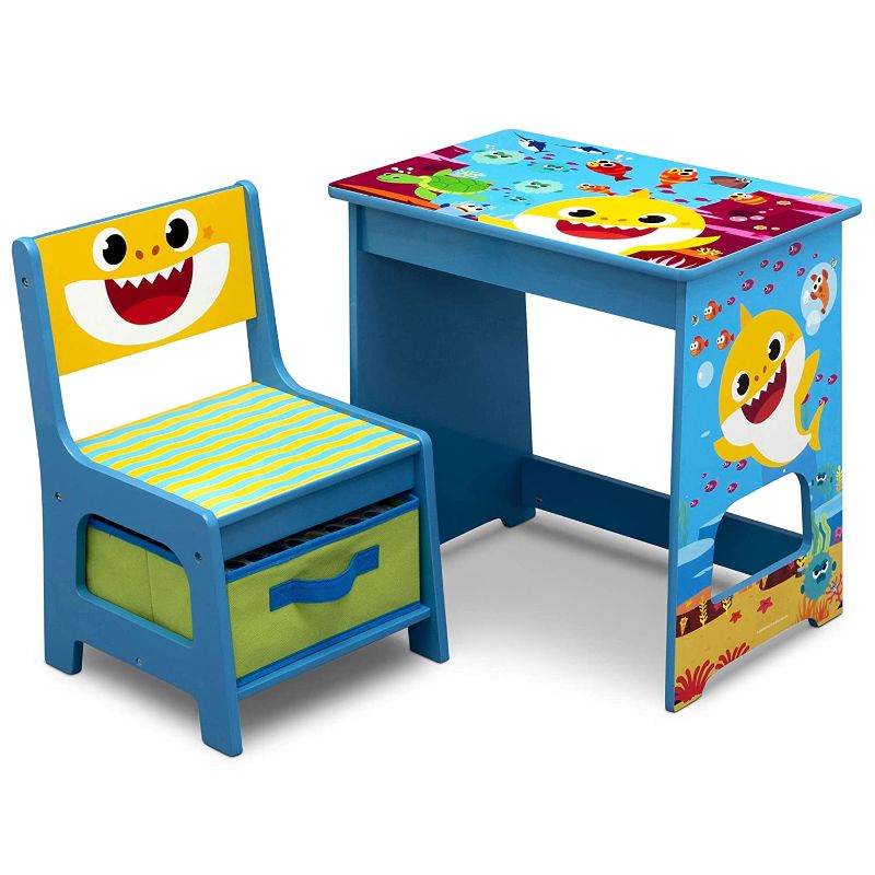 Photo 1 of Baby Shark Wood Art Desk and Chair Set with Dry Erase Top and Reusable Vinyl Cling Stickers by Delta Children - Greenguard Gold Certified
