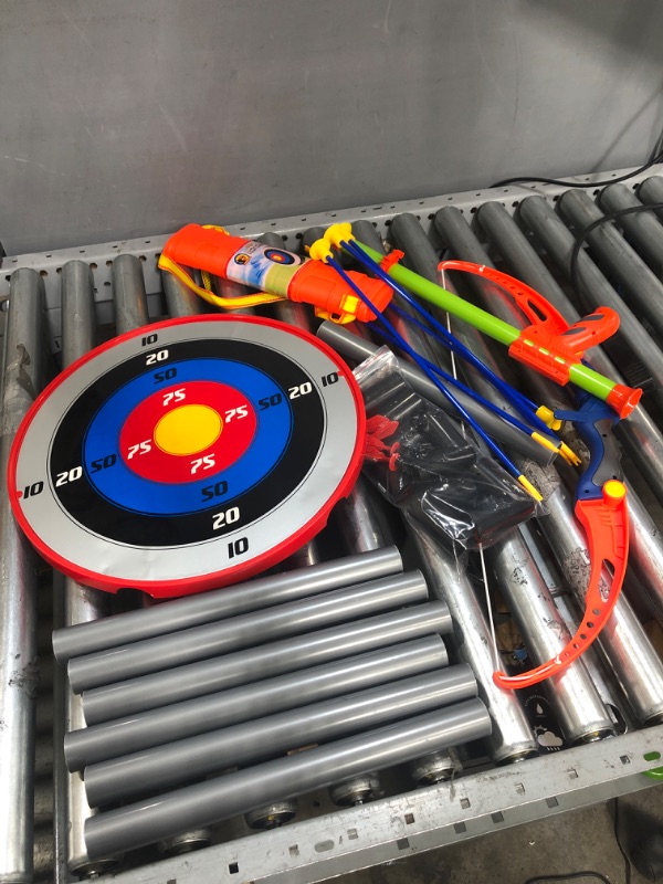 Photo 2 of Bow and Arrow for Kids, Archery Toy Set, 2 Bows & 1 Blowing Bow & 12 Arrows & 5 Quivers & Standing Target, Outdoor Toys for Children Boys Girls
