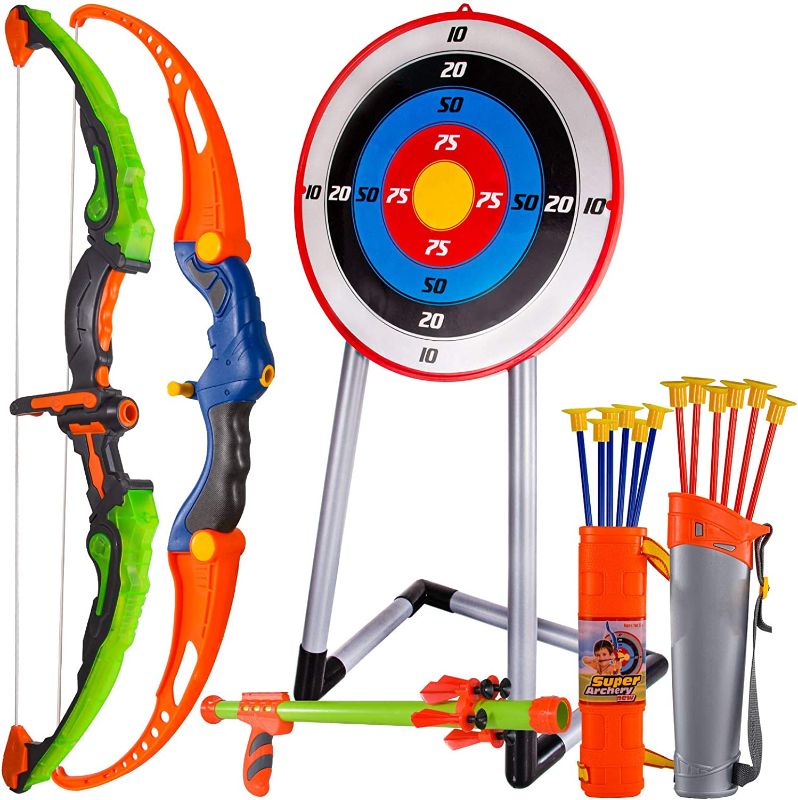 Photo 1 of Bow and Arrow for Kids, Archery Toy Set, 2 Bows & 1 Blowing Bow & 12 Arrows & 5 Quivers & Standing Target, Outdoor Toys for Children Boys Girls
