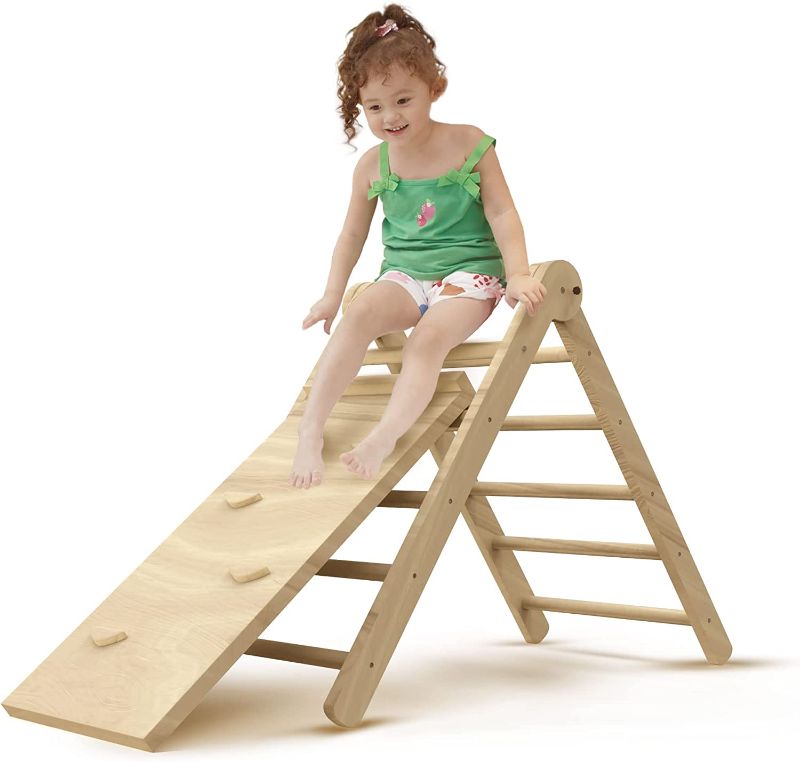 Photo 1 of BENKRYFREJA Pikler Triangle Folding Climbing Triangle with Ramp and Slide Adjustable Angle Toddler Climbing Toys Indoor Stable Wood Montessori Gym Toys Jungle for Toddlers Children Kids Beech Natural
