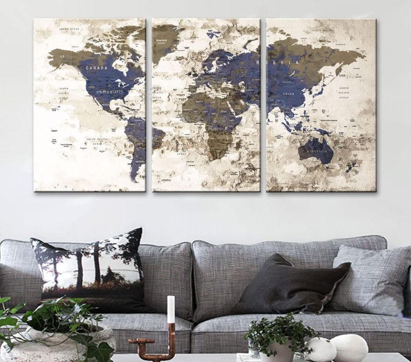 Photo 1 of Original by BoxColors LARGE 30"x 60" 3 panels 30x20 Ea Art Canvas Print Watercolor Beige Old Map World Push Pin Travel Wall home decor (framed 1.5" depth) M1811
