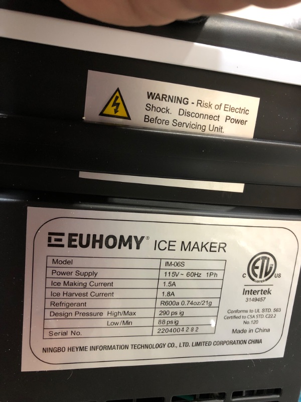 Photo 3 of **Parts Only** Non Functioning**Euhomy Ice Maker Machine Countertop with Handle, 26lbs/24H, 9 Bullet Ice Cubes Ready in 6 Mins, Auto-Cleaning, Portable Ice Maker with Basket and Scoop, for Home/Kitchen/Camping/RV. (Silver))
