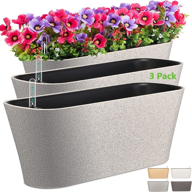 Photo 1 of 16" Rectangular Self Watering Planters Window Box 3 Pack with Water Level Indicator and Auto Drain Holes for All Outdoor/Indoor Herbs Plants Flowers Pots Residential and Commercial Grade (Rocky Grey)
