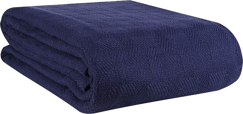 Photo 1 of 2 Glamburg 100% Cotton Bed Blanket, Breathable Bed Blanket Twin Size, Cotton Thermal Blankets Twin Size - Perfect for Layering Any Bed for All Season - Navy
