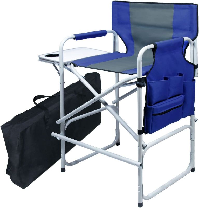 Photo 1 of ***BLACK CHAIR**
GOLDCAN Tall Directors Chair Large Size, Foldable Artist Makeup Chair Bar Height, Heavy Duty Camping Chair with Side Table, Cup Holder, Portable Storage Bag, Footrest, 400 lbs Capacity, Blue&Grey
