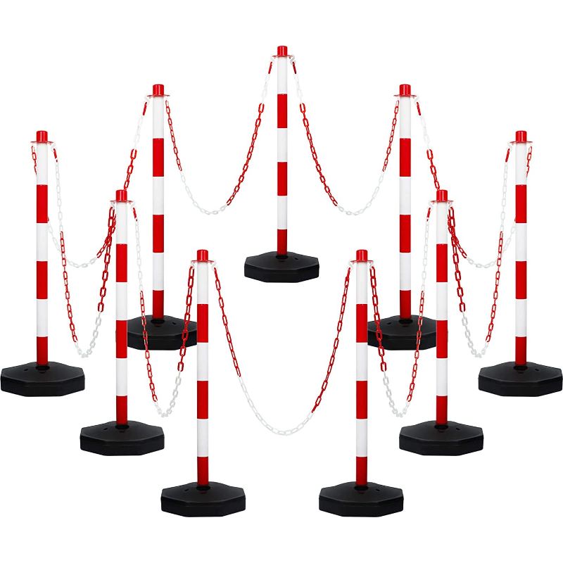 Photo 1 of 9 Packs Traffic Delineator Post Cone with Base, Traffic Cones Safety Cones Caution Cones Plastic Stanchion Chain Safety Barriers with 6.6 Feet Link Chain and S Hooks for Parking Lot Construction
