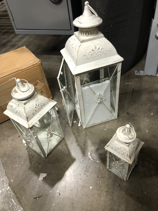 Photo 2 of 3 TRIROCKS Decorative Hanging Lantern 13.5'' High Vintage Metal Candle Holder with Tempered Glass Perfect for Living Room Garden Yard Patio Parties Events Indoors Outdoors (White with Gold Brush)
