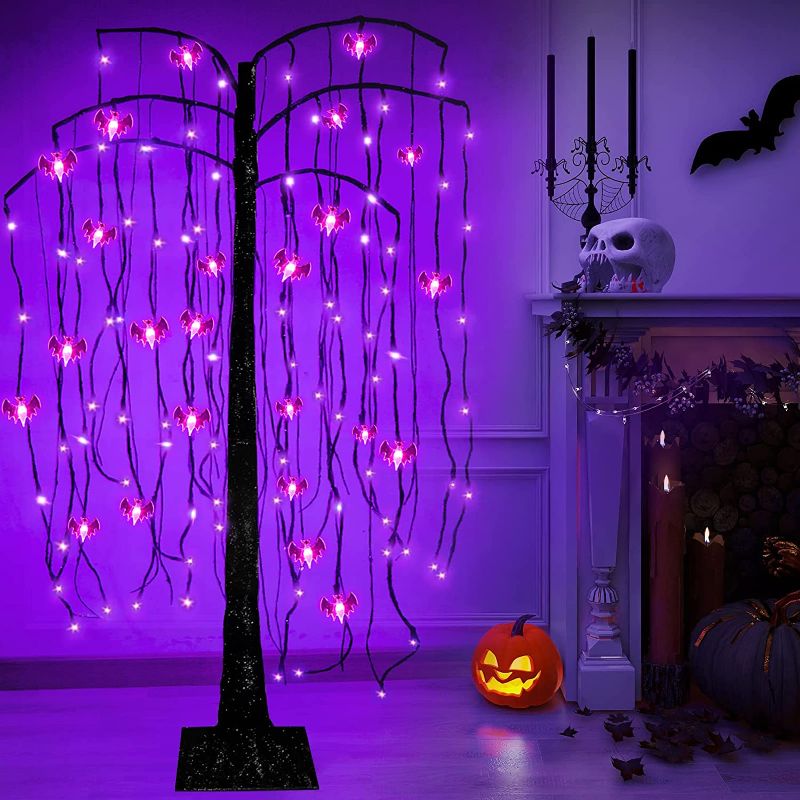 Photo 1 of 5 Ft Halloween Willow Tree with Timer 108 LED Purple Lights & Bat Lights Decor, Glittered Black Spooky Lighted Tree for Halloween Decorations Outdoor Indoor Home Ornaments(Plug in/4 Stakes) 32 x 32 x 60 inches

