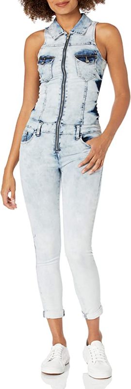 Photo 1 of COVER GIRL womens Denim Biker Skinny Long Jumpsuit Overalls Sexy Zip Up Sleeveless size 3/4
