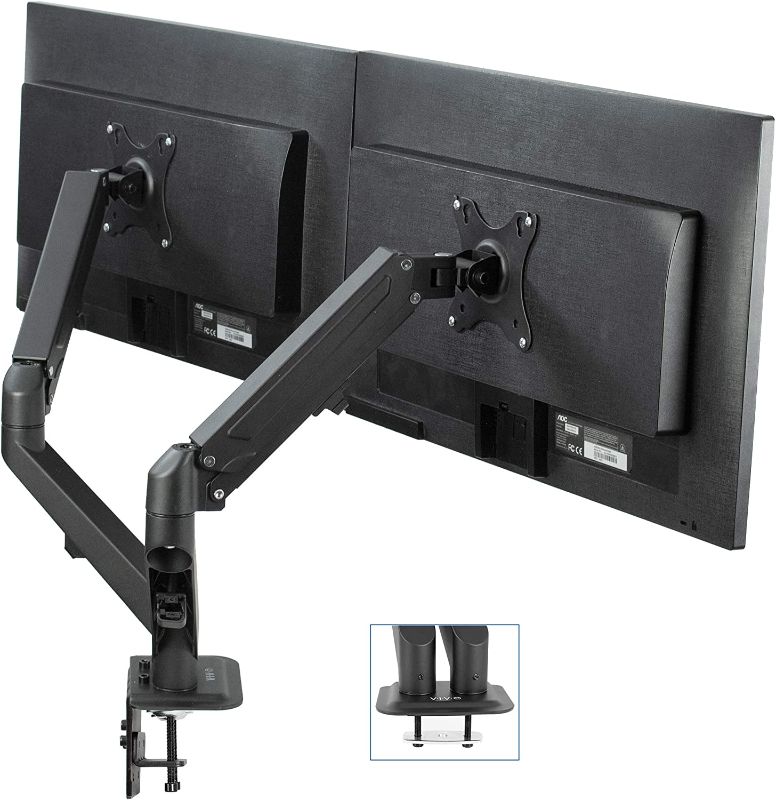 Photo 1 of rticulating Dual 17 to 27 inch Pneumatic Spring Arm Clamp-on Desk Mount Stand, Fits 2 Monitor Screens with Max VESA 100x100, Black