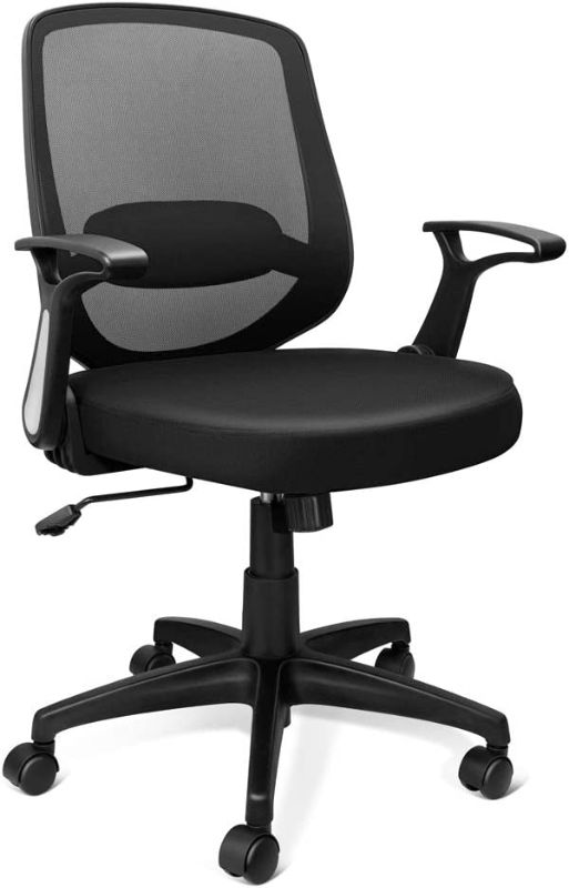 Photo 1 of KOLLIEE Mid Back Mesh Office Chair Ergonomic Swivel Black Desk Office Chair Flip Up Armrests with Lumbar Support Adjustable Height Computer Task Chairs
