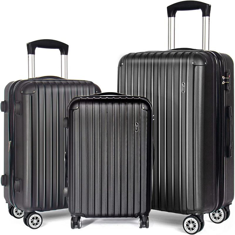 Photo 1 of 3 Piece Luggage Sets Hardside with Spinner Wheels Expandable, Travel Suitcase Set Lightweight Carry on PC+ABS Tsa Lock Checked Bag 20" / 24" / 28" (Black)
