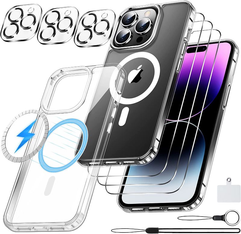 Photo 1 of 12 in 1] Magnetic Case for iPhone 14 Pro Max Case,[Compatible with Magsafe] [Non Yellowing][3 Pcs Glass Screen Protector+3 Pcs Camera Lens Protector] 12 FT Shockproof Phone Case Cover 6.7'' Clear