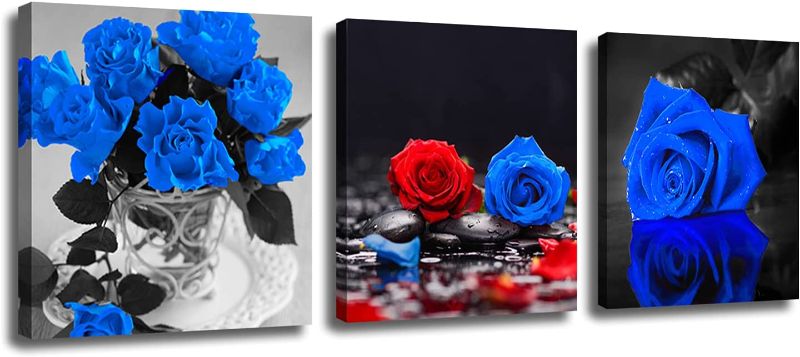 Photo 1 of Aijuyuan.Li 3 Pieces Turquoise Blue Rose Canvas Canvas Wall Art - Simple Life Black and White Painting Canvas Hanging Painting - for Bathroom Bedroom Home Decoration Watercolor Painting Core
