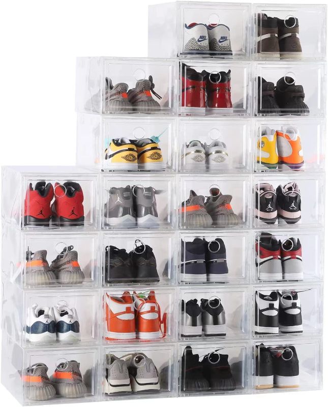 Photo 1 of 24 Pack Shoe Storage Boxes, Shoe Box Clear Plastic Stackable, Drawer Type Front Opening Shoe Holder Container(Transparent)
