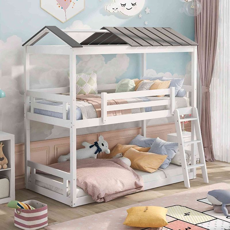 Photo 2 of ATY Twin Over Full House Bunk Bed with Ladder and Window, Wooden Bedroom Bunkbed Frame w/ Full-Length Guardrail for Kids, Adults, Home Furniture, No Box Spring Needed, White, BOX 2 OF 2 