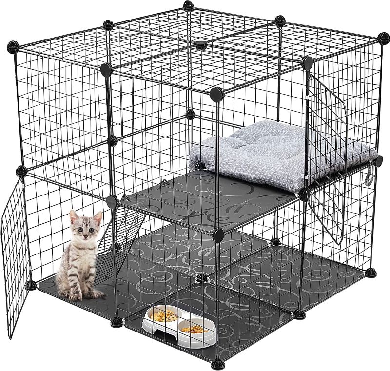 Photo 1 of 2 Tier Large Cat Cage Crate DIY Pet Playpen Detachable Dense Metal Wire Ferret Cage Indoor Cat Kennels for Kitten Puppy Bunny Exercise
