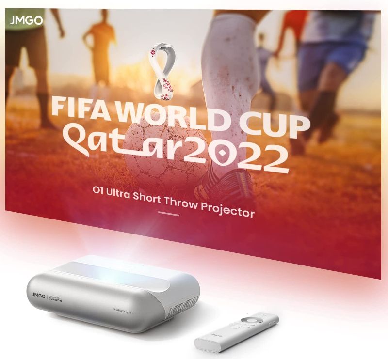 Photo 1 of JMGO O1 Ultra Short Throw Projector, 1080P Projector 800 ANSI Lumens,2022 World Cup Short Throw Projector, Dynaudio Speakers, Auto Focus,Auto Keystone Correction, JMGO O1 Projector for Home Theater
