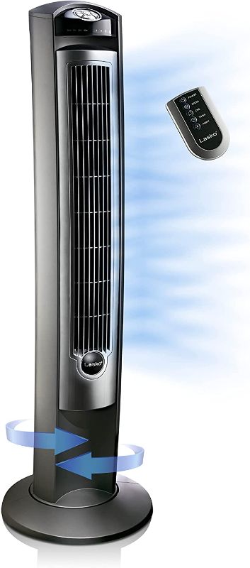 Photo 1 of Lasko Portable Electric 42" Oscillating Tower Fan with Nighttime Setting, Timer and Remote Control for Indoor, Bedroom and Home Office Use, Silver, T42951