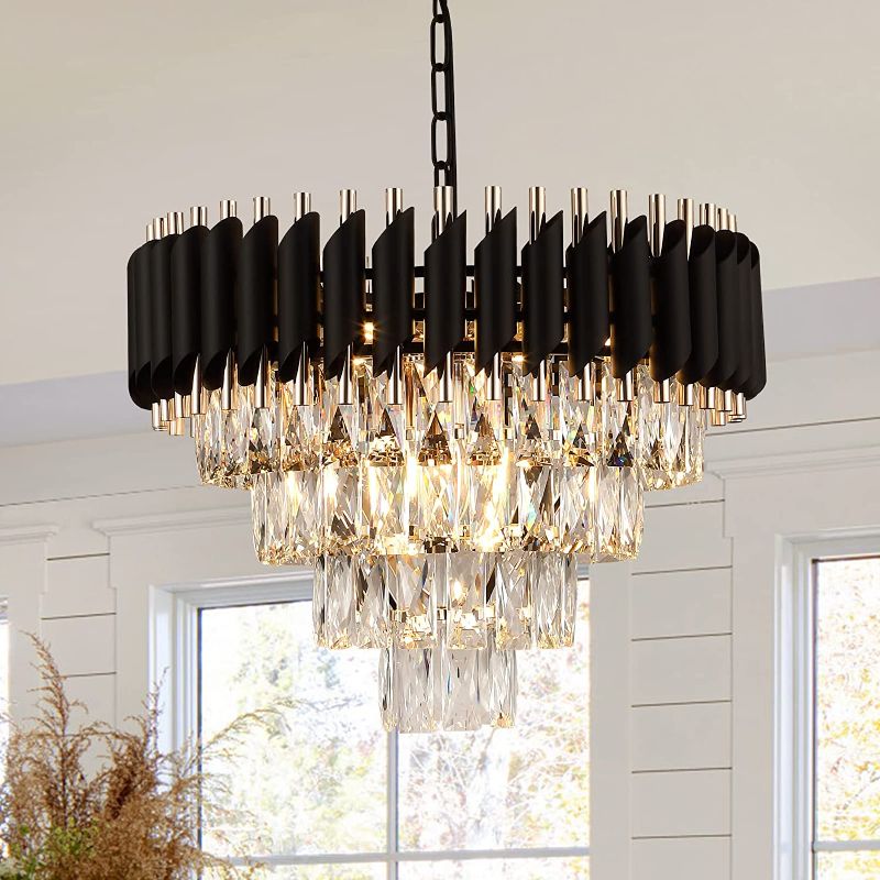 Photo 1 of AXILIXI Modern Crystal Chandelier 20" Crystal Ceiling Pendant Light 4 Tiers Raindrop Flush Mount Chandelier Black and Gold Hanging Lamp Fixtures Round Chandelier for Entryway Foyer Dining Room