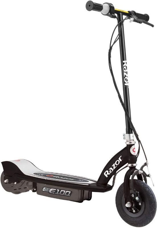 Photo 1 of Razor E100 Kids Ride On 24V Motorized Powered Electric Kick Scooter Toy, Speeds up to 10 MPH with Brakes, and Pneumatic Tires for Kids Ages 8+, Black