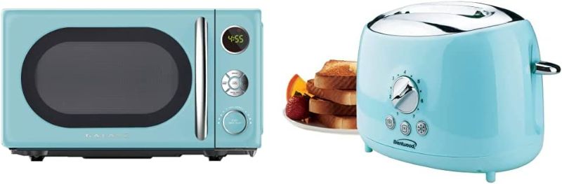 Photo 1 of Galanz GLCMKA07BER-07 Retro Microwave Oven, LED Lighting, Pull Handle Design, Child Lock, Bebop Blue, 0.7 cu ft & Brentwood Appliances Cool-Touch 2-Slice Retro Toaster with Extra-Wide Slots (Blue)