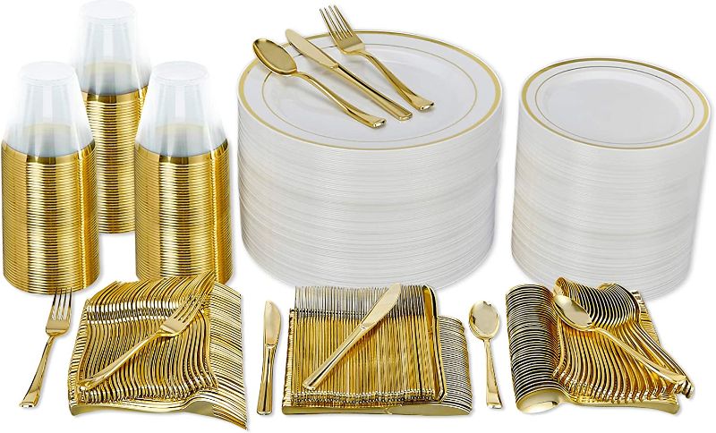 Photo 1 of 600 Piece Gold Dinnerware Party Set (100 Guest), 100 Dinner Plastic Plates, 100 Salad Gold Plates, 100 Gold Plastic Silverware Set, 100 Gold Plastic Cups Disposable Party Pack Wedding Birthday Parties
