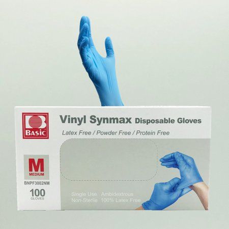 Photo 1 of Basic Synmax Vinyl Exam Gloves 100/Box - Medium - Latex Free Powder Free - Nonsterile - Blue
