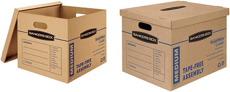 Photo 1 of Bankers Box SmoothMove Classic Moving Boxes, Tape-Free Assembly, Easy Carry Hand & SmoothMove Classic Medium Moving Boxes, 8 Pack, Tape-Free Assembly, Easy Carry Handles, 18" x 15" x 14"
