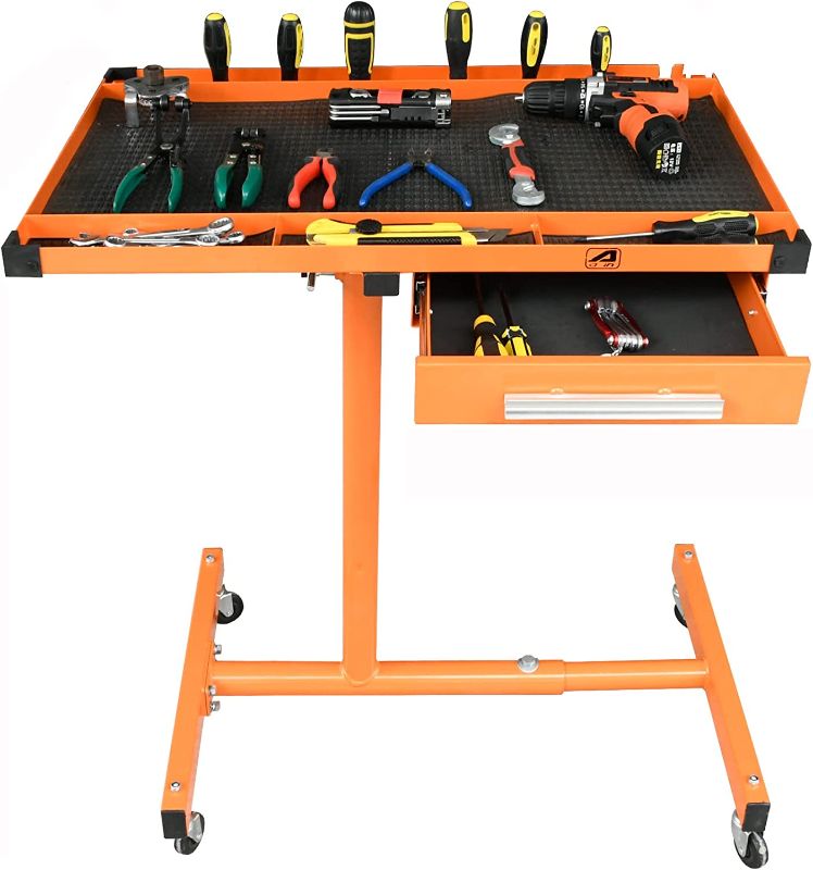 Photo 1 of Aain A018A Heavy-Duty Adjustable Work Table with Drawer & Wheels, Mechanic Tray,Mobile Rolling Tool Table, Orange
