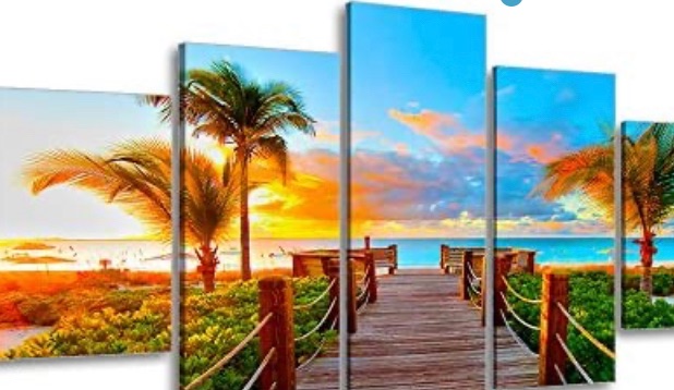 Photo 1 of Tropical Beach Painting Decor, SZ 5 Piece Palm Tree Sunset Picture Canvas Wall Art, Ocean Canvas Prints for Bedroom, Ready to Hang, Waterproof, 24x50 overall