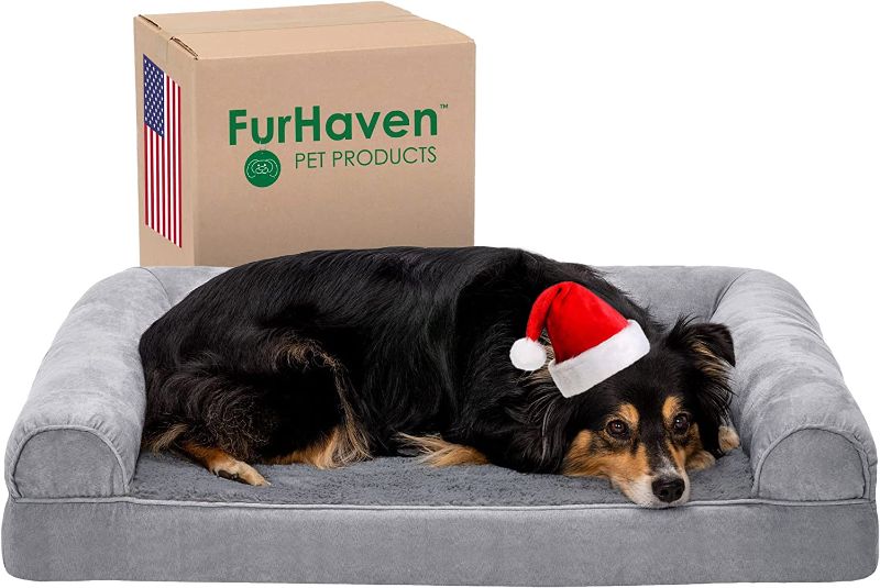 Photo 1 of Furhaven Sofa-Style Dog Beds for Small/Medium/Large Dogs & Cats - Orthopedic, Cooling Gel, Memory Foam, & More (Plush &Suede Gray)
