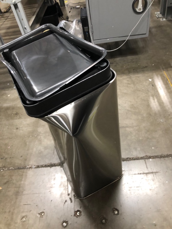 Photo 2 of **major damage, view photos**
EKO Mirage-T 50 Liter / 13.2 Gallon Touchless Rectangular Motion Sensor Trash Can, Brushed Stainless Steel Finish
