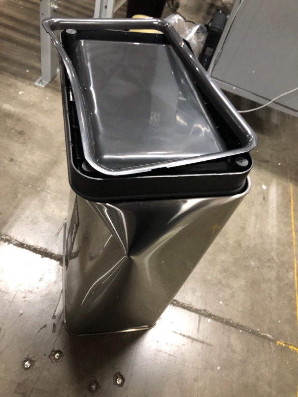 Photo 3 of **major damage, view photos**
EKO Mirage-T 50 Liter / 13.2 Gallon Touchless Rectangular Motion Sensor Trash Can, Brushed Stainless Steel Finish
